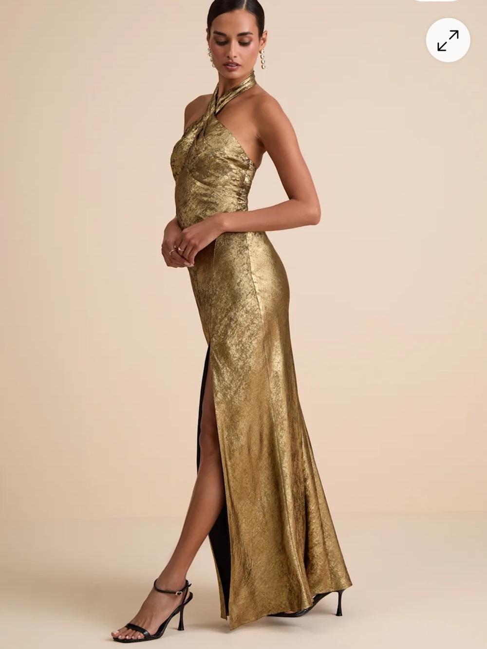 Lulus XS Knoxley Shiny Gold Lurex Cross-Front Halter Maxi Dress Good-Like New - Picture 2 of 7